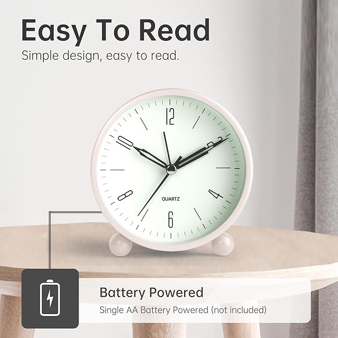 Analog Alarm Clock, 4 inch Super Silent Non Ticking Small Clock - Image 3