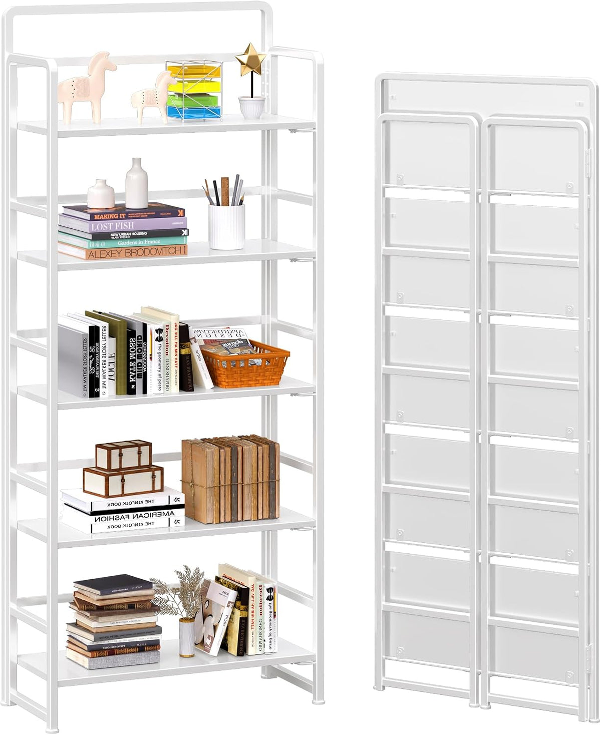 4NM No Assembly 5 Tiers Folding Bookshelf Storage Shelves Vintage Bookcase