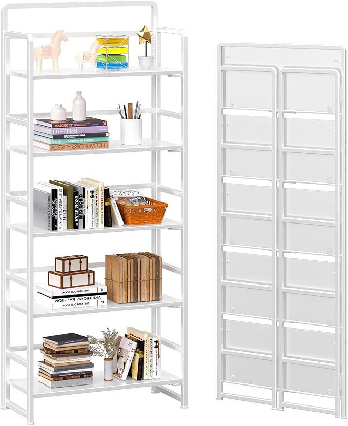 4NM No Assembly 5 Tiers Folding Bookshelf Storage Shelves Vintage Bookcase by 4NM