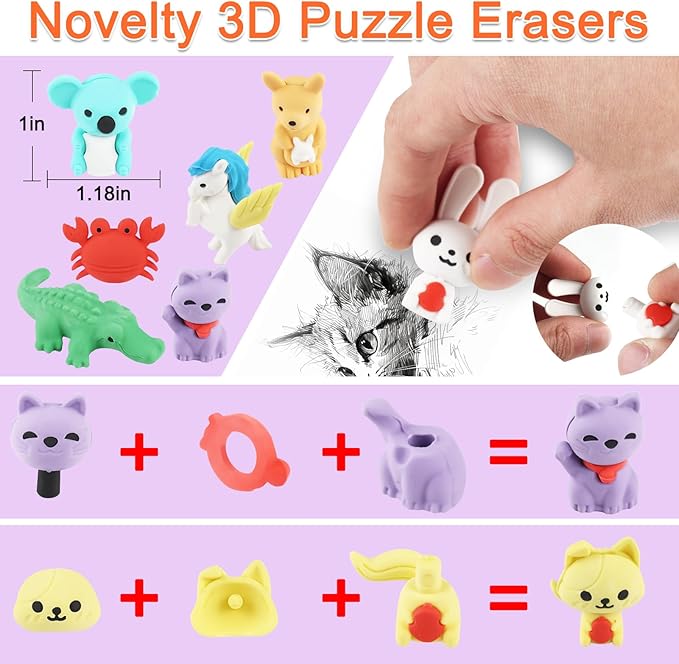 URSKYTOUS 80Pcs Animal Erasers Kids Desk Pets Pencil Erasers 3D Puzzle Eraser - Image 8