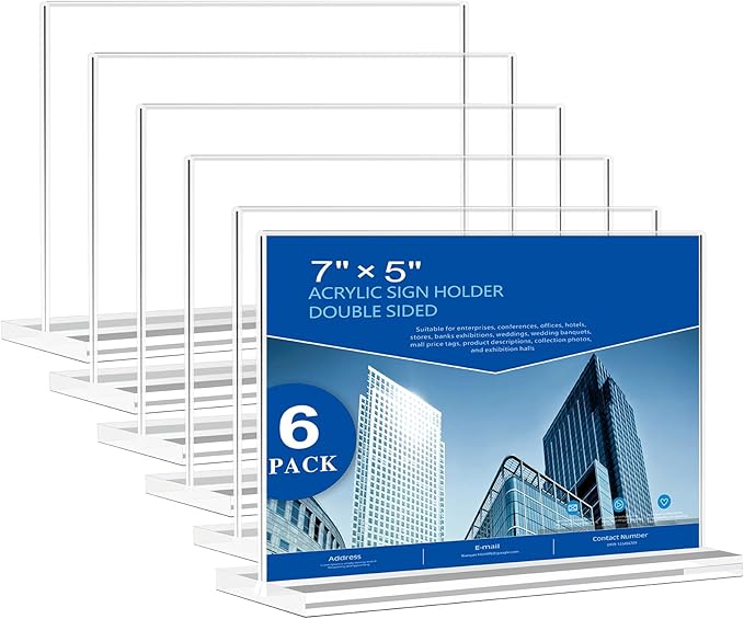 Acrylic Sign Holder 7x5, 6 Pack Clear Double Sided Table Sign Holder Horizontal by PUWTN