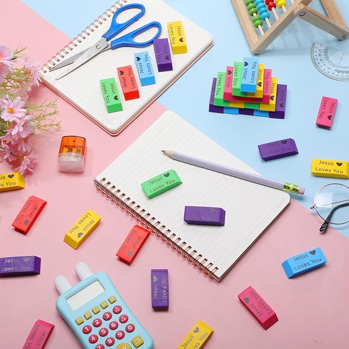 Yaomiao 180 Pcs Bulk Erasers for Kids Pencil Beveled Erasers Colorful Christian - Image 5