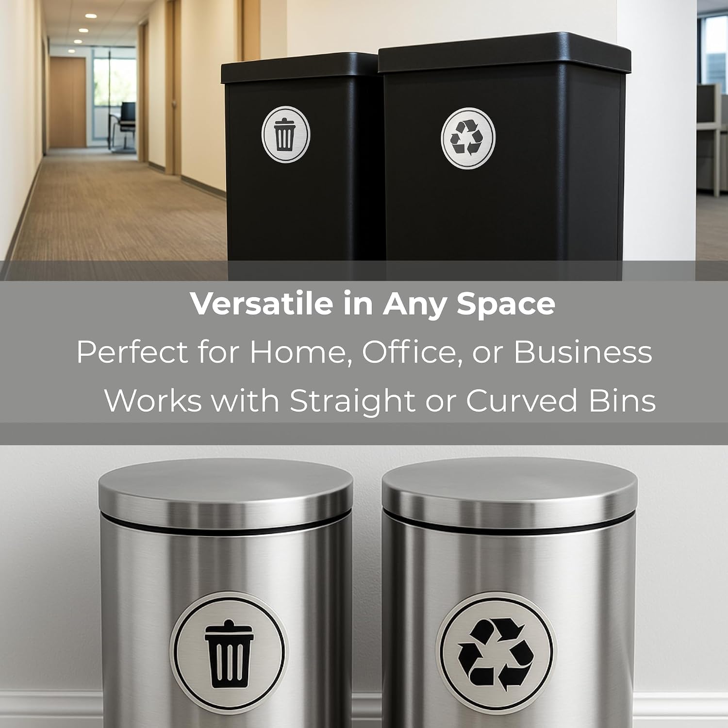 Trash and Recycle Stickers Set of 2 | Indoor Outdoor UV Stable & Weatherproof | Kitchen Pantry Office Organization | Garbage Bin and Waste Basket Label | 3x3 Inch Round Recycling and Trash Sticker