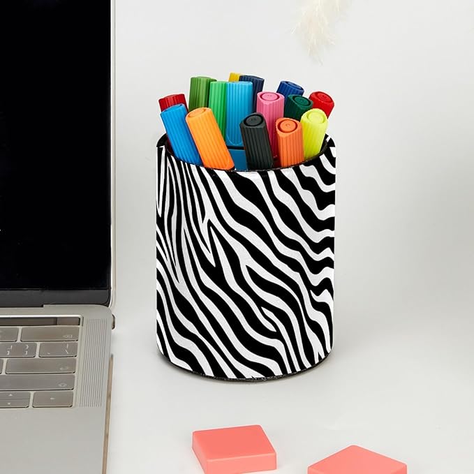 Leather Pen Holder for Desk Zebra Print Pencil Cup Desktop Organizer Makeup - Image 5