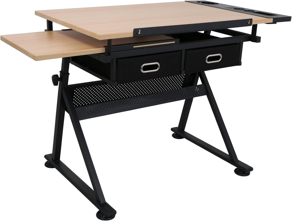 Drafting Table Drawing Desk Reclining Tiltable Tabletop Bundle Set with Stool and 2 Storage Drawers Art Writing Reading Workstation for Office and Home