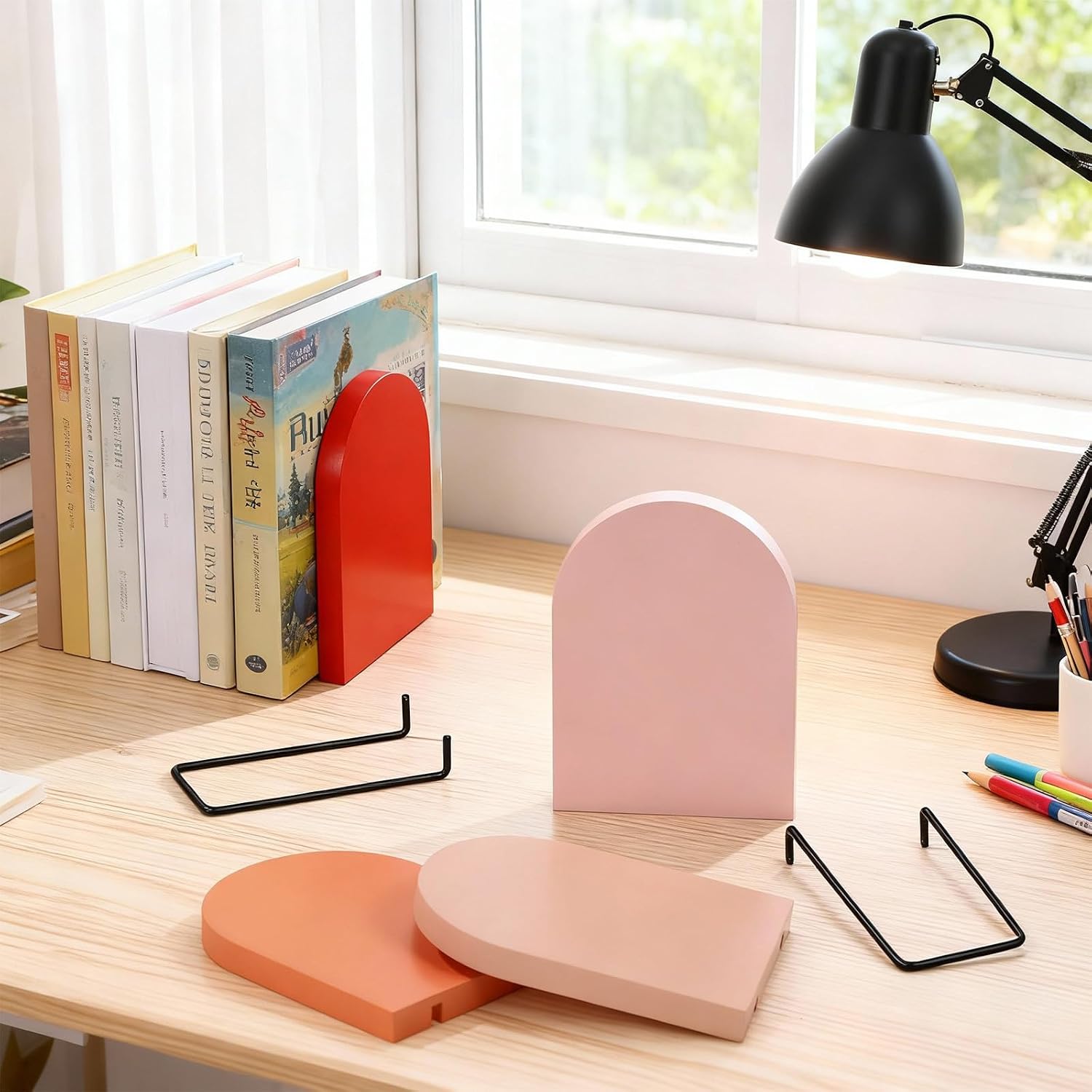 Honoson 4 Pcs Boho Wood Bookends Back to School Sage Green Wooden Book Stands Decorative Non Skid Book Stoppers for Books Cds Videos Albums Office Desktop Shelves (Orange)