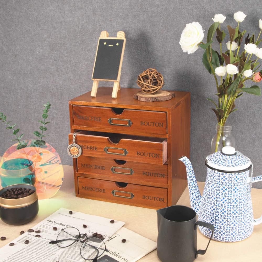 Wooden Storage Box Rustic Desktop Organizer with Drawers/Labels 4 Tier Office...