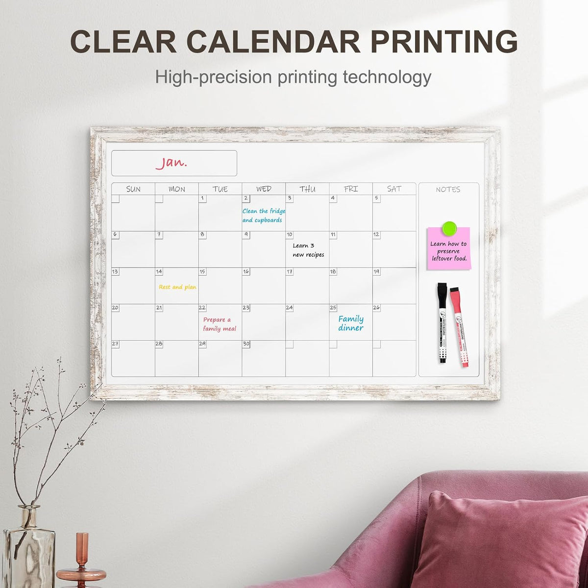 Monthly Dry Erase Calendar Whiteboard for Wall, 24"x18", Rustic Woo...