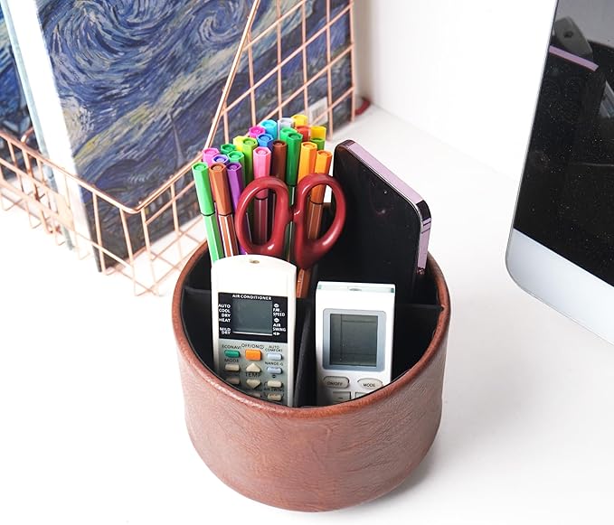 Hennaja Round Leather Art Supply Organizer, Remote Control Holder, 360 Degree - Image 6