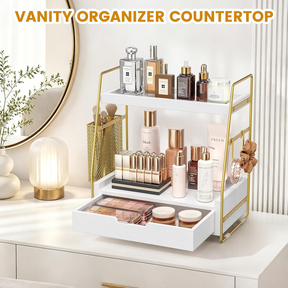 2-Tier Bathroom Counter Organizer with Drawer, Wood Counter Storage Shelf