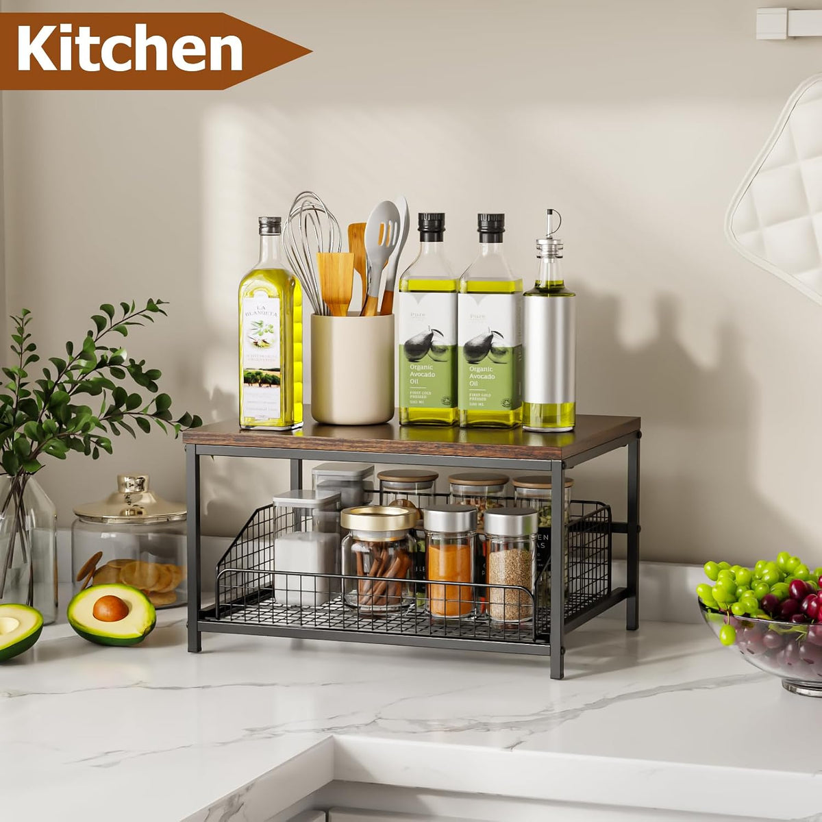 KLM Pull Out Spice Rack Organizer for Cabinet,Rustic Wood Top with Wire Baske...
