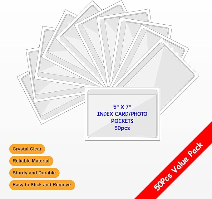 Clear Adhesive 5" x 7" Index Card Pockets - Image 3