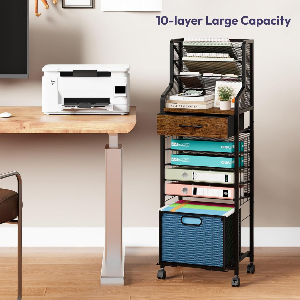 SWTYMIKI 10-Tier Rolling File Cart - Mesh Paper Organizer with Drawer & Hanging File Folders on Lockable Wheels, Rolling File Cabinet for Office Organization, Storage in Home, Studio, School, Espresso