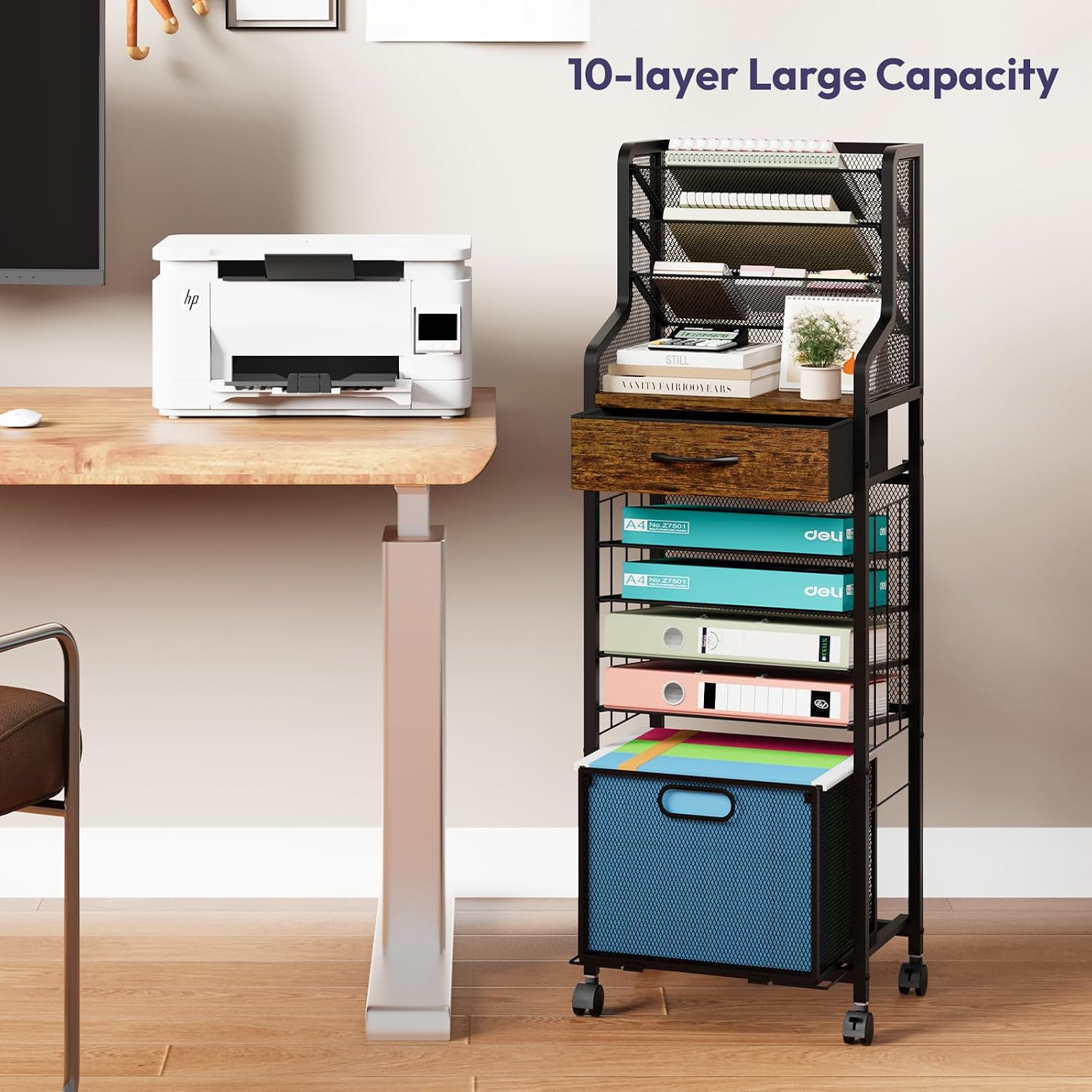 SWTYMIKI 10-Tier Rolling File Cart - Mesh Paper Organizer with Drawer & Hanging File Folders on Lockable Wheels, Rolling File Cabinet for Office Organization, Storage in Home, Studio, School, Espresso