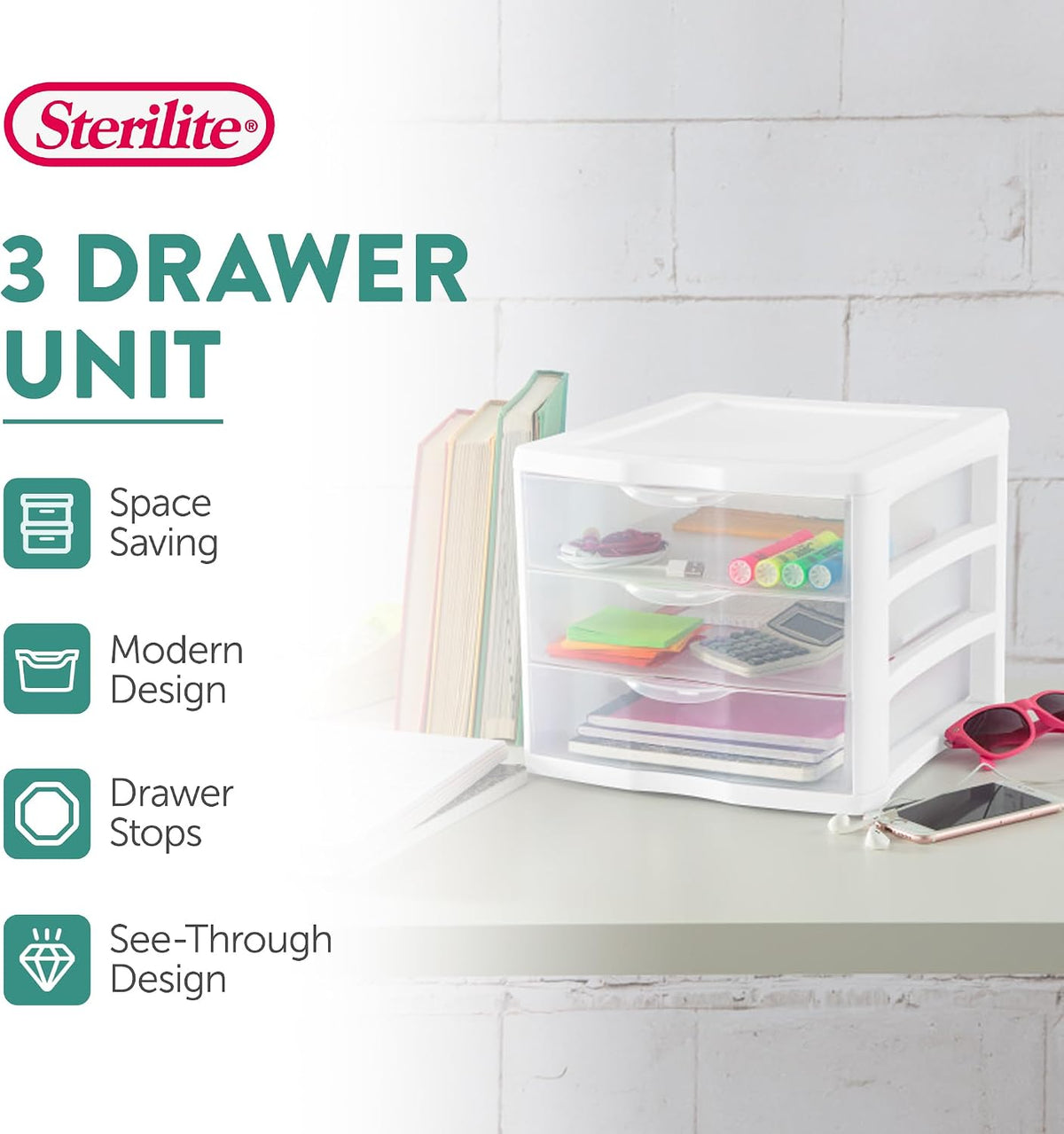 Sterilite Wide 3-Drawer Storage Unit for Bedroom and Dresser, 4-Pack