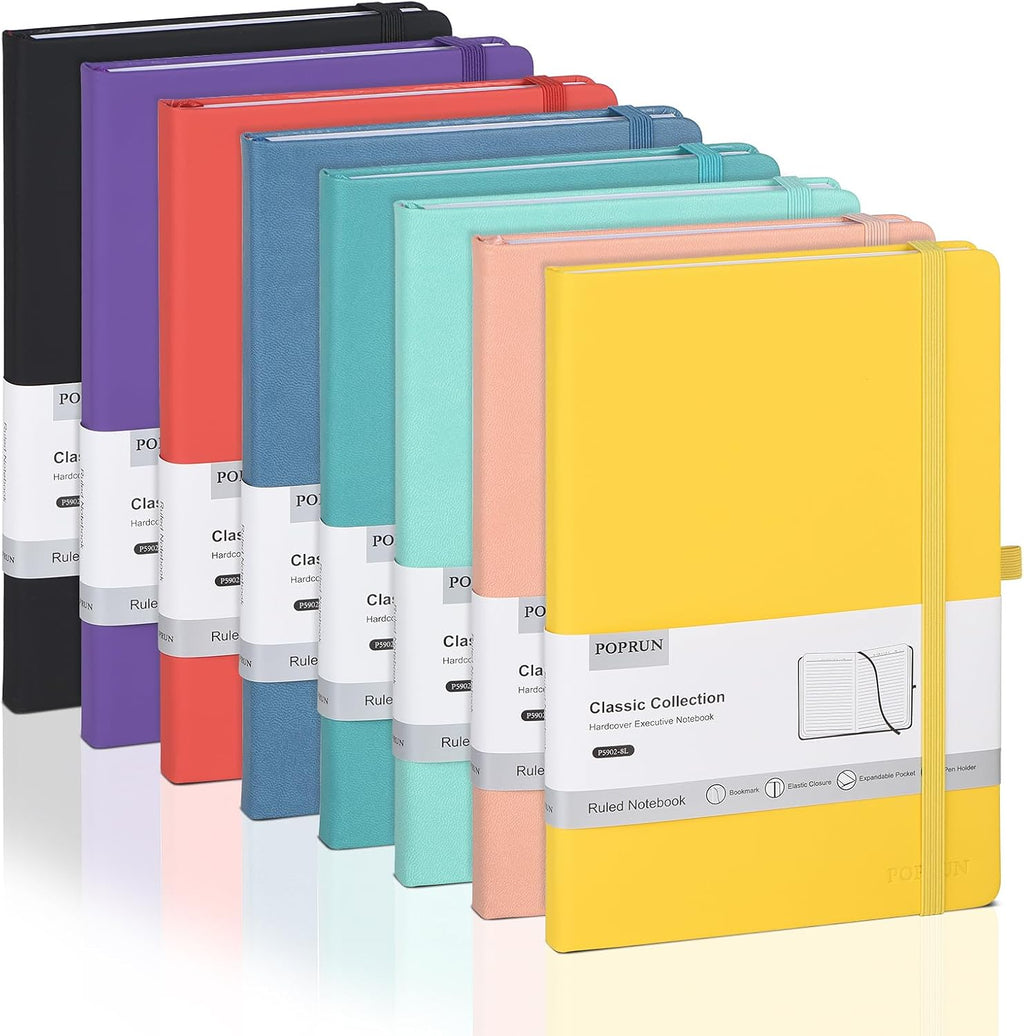 POPRUN A5 Lined Journal Notebooks, 8 Pack Leather Hardcover Thick Notebook
