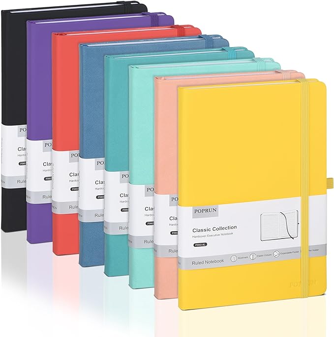 POPRUN A5 Lined Journal Notebooks, 8 Pack Leather Hardcover Thick Notebook by POPRUN
