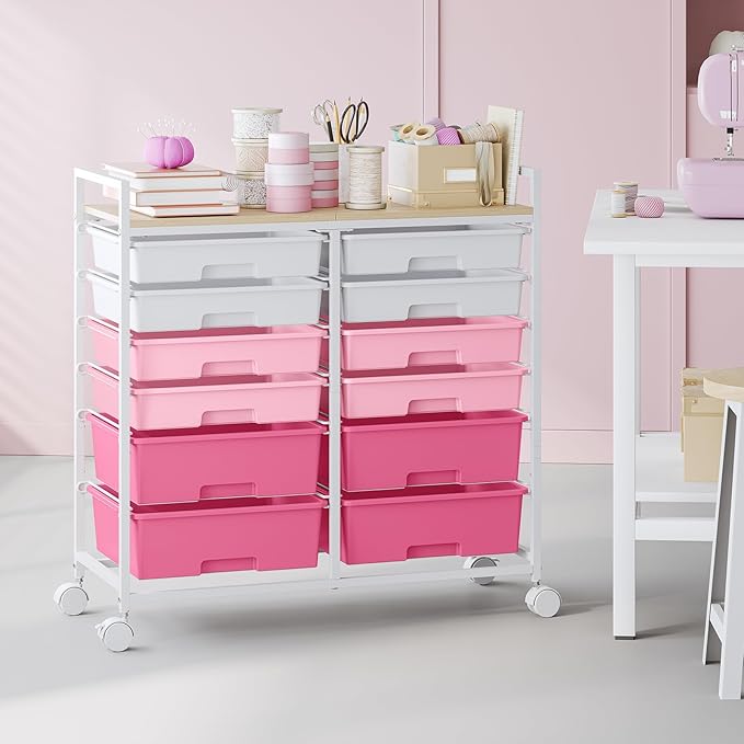 Rolling Storage Cart with 12 Drawers, Wooden Tabletop Utility Cart - Image 2