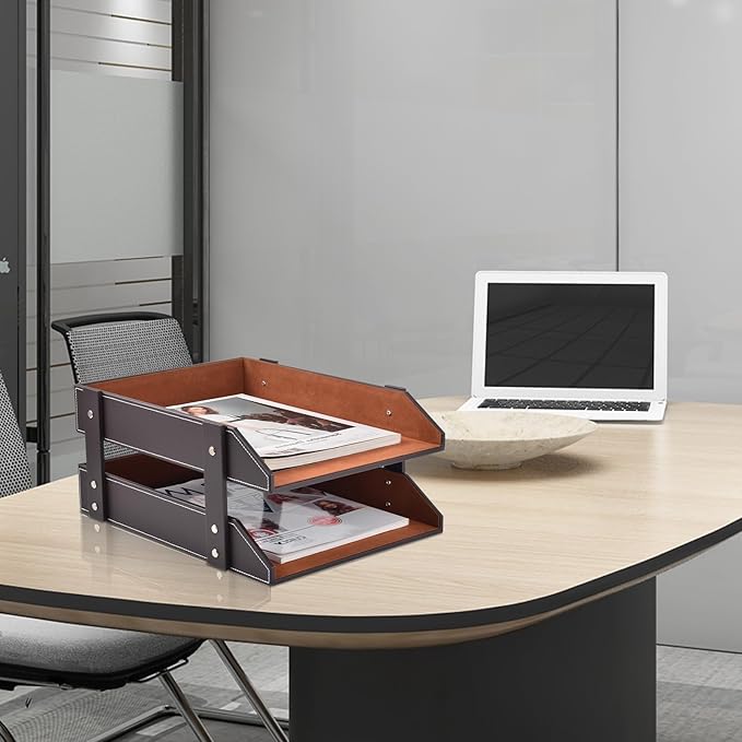 XNONE Leather Desk Organizer, 2-Tier Stackable Letter Tray Holder, Office - Image 5
