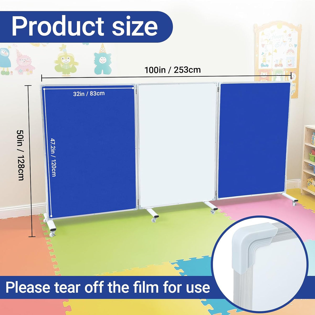 AmazingSpark 3 Panel Classroom Dividers for Room Separation, Blue White