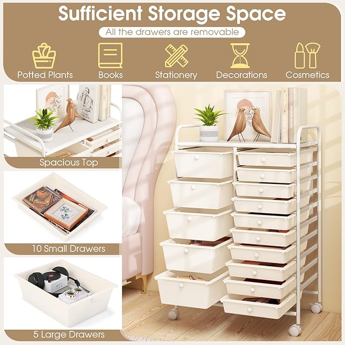 HAPPYGRILL 15-Drawer Rolling Cart, Storage Carts - Image 3