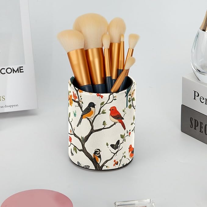Leather Pen Holder for Desk, Colored Birds Flowers Trees Pencil Cup Desktop - Image 6