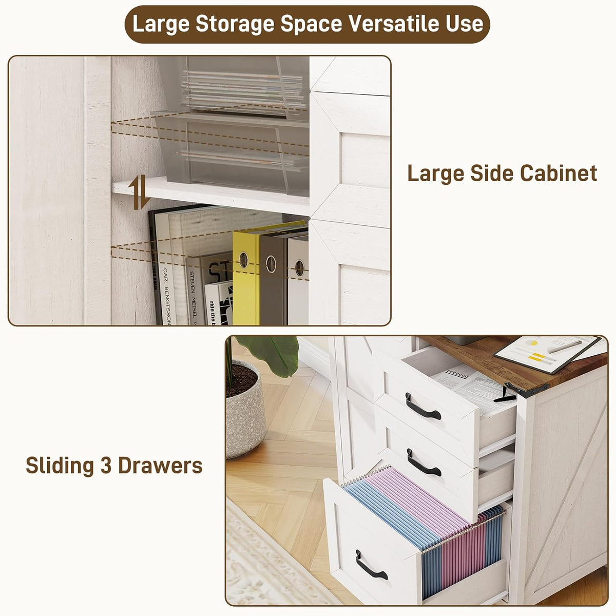 3 Drawers Farmhouse File Cabinet with Door for Home Office, Rustic White | Halitaa Lateral Filing Cabinet for Letter/A4 Size Hanging Files, Large Wood File Storage Cabinet Printer Stand