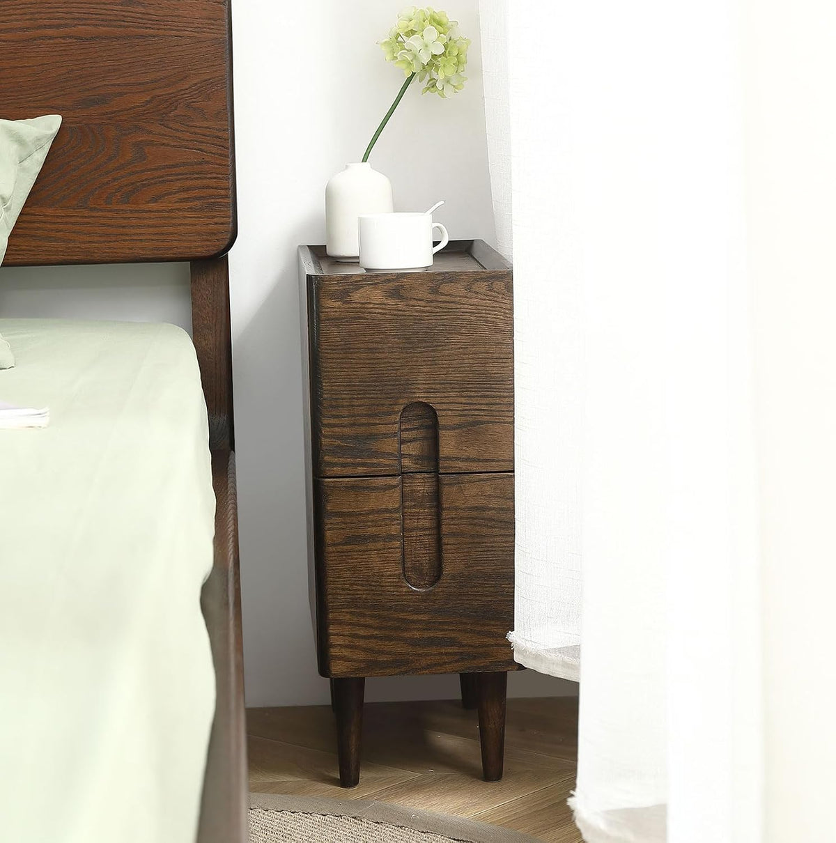 Solid Wood Bedside Table Nightstands, Slim Narrow Oak Real Wooden Mid-Century...
