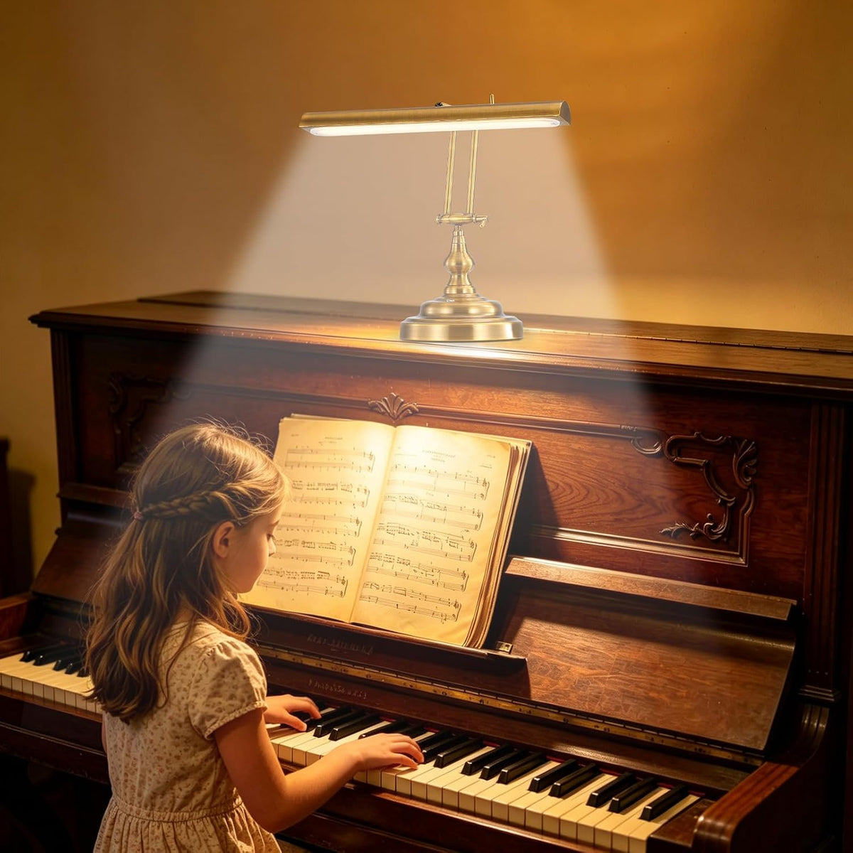 Vintage Gold Piano Lamp with 3-Way Touch Control, Stepless Dimmable