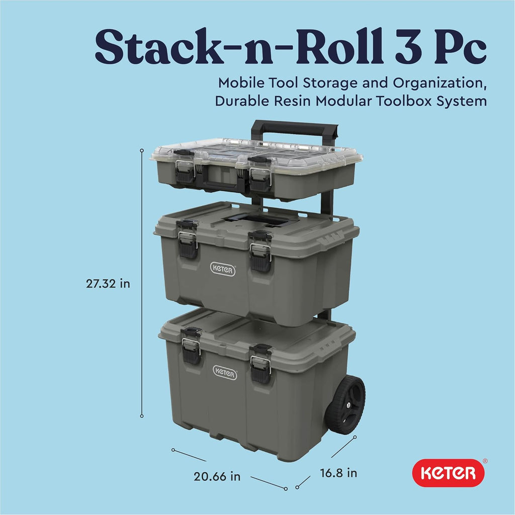 keter stack-n-roll outdoor gear organizer, 3-piece rolling storage shown in use