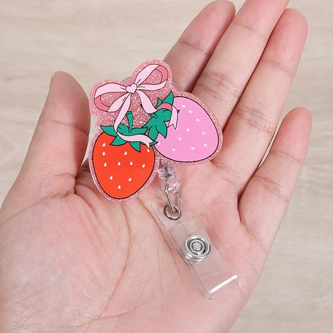 Pink Bow Strawberry Badge Reel | Cute Retractable ID Card Badge Holder | Name - Image 4