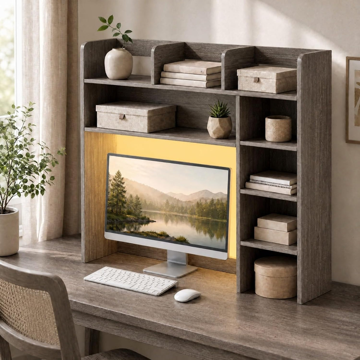 GOFLAME Desk Hutch, 8 Shelves Desktop Bookshelf, 31.5”, Gray