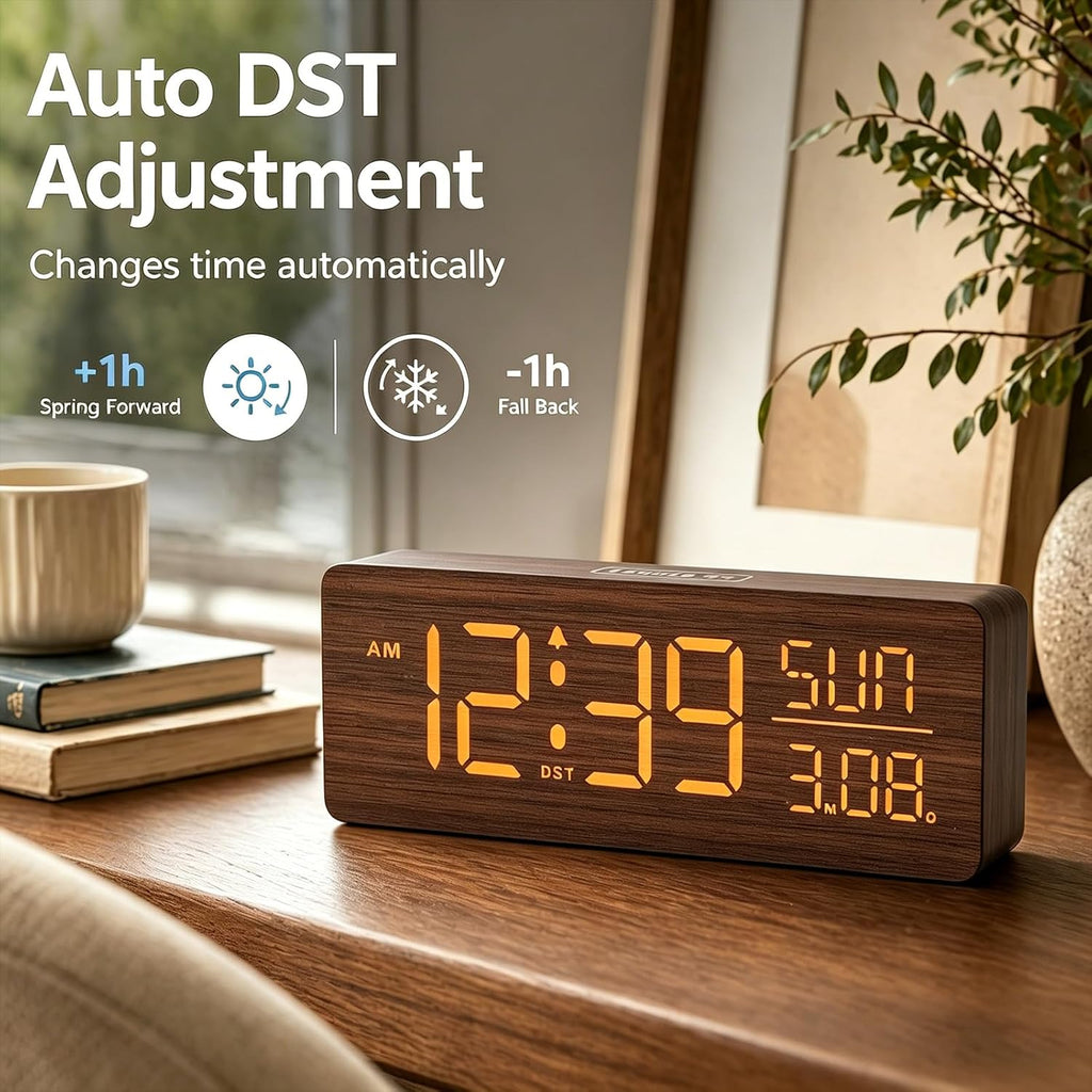 peakeep wooden digital alarm clock large display, textured showing dimensions