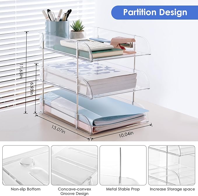 Noger Desk Organizers and Storage, 3 Tier Clear Heightened Stackable Paper Tray - Image 6