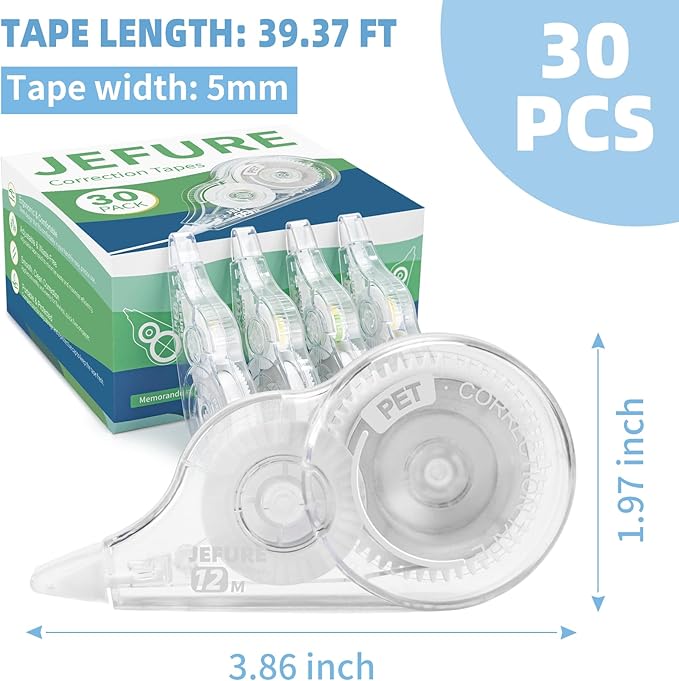 JEFURE 30 Pcs Correction Tape, 39.4 Ft White Wrong Out Tear-Resistant Bulk - Image 2