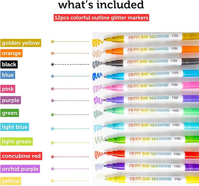 Incraftables Outline Glitter Markers – Metallic, Double Line Pens, Shimmer - Image 2