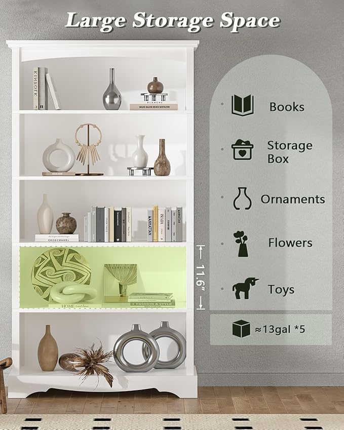 TVU 5-Tier Wooden Bookshelf, 65 Inch Tall Bookshelf - Image 4