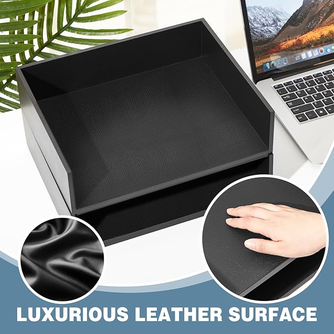 Yeaqee 2 Pcs Wooden Leather Stackable Letter Trays 13 x 10.6inch Luxurious - Image 2
