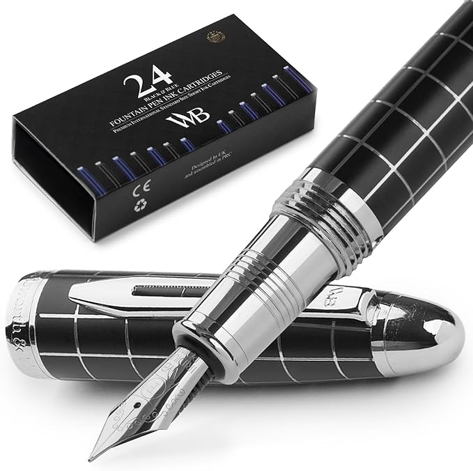 Wordsworth & Black Majesti Fountain Pen-, Luxury Case, Chrome Finish; Fine Nib- by WordsworthBlack