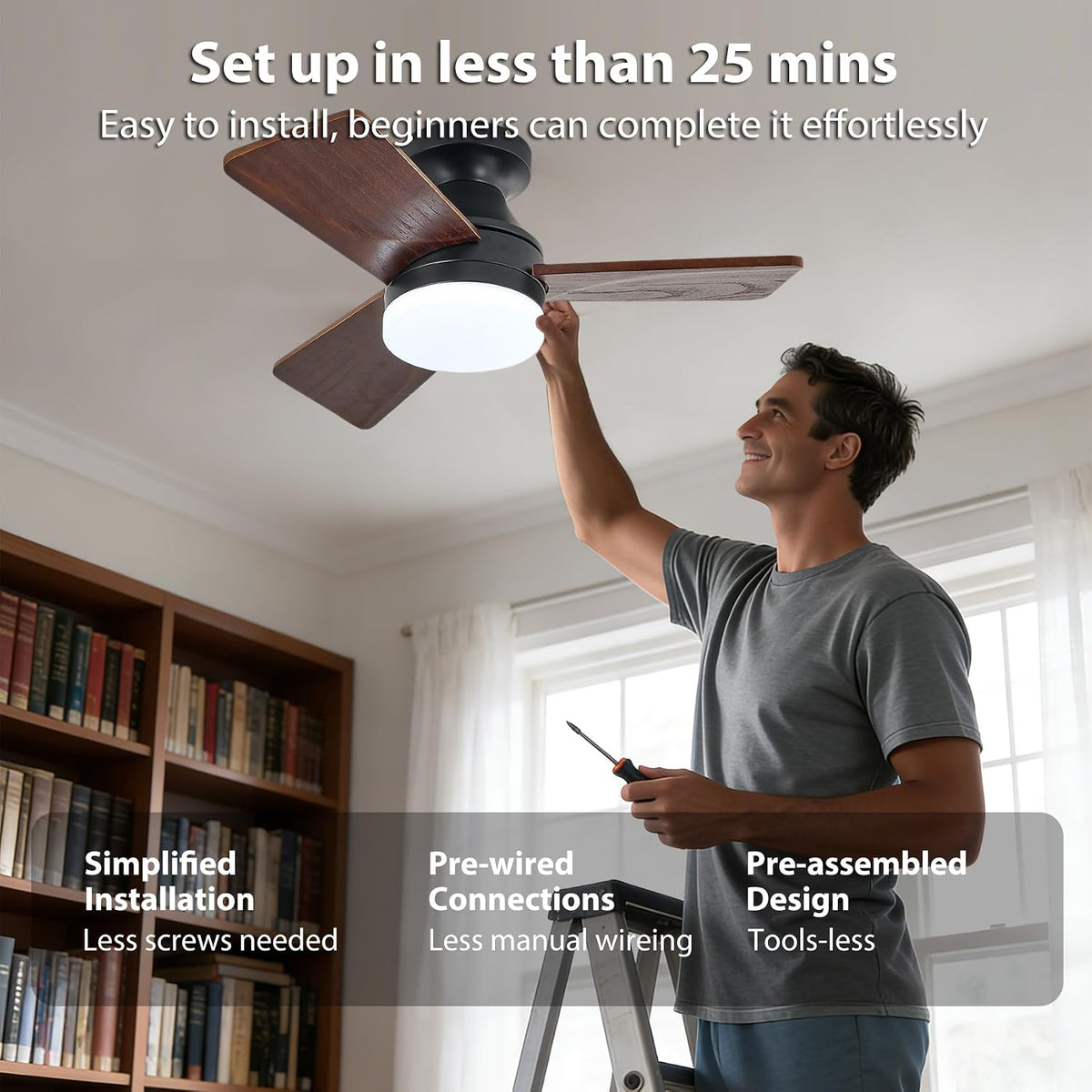 30 inch wood ceiling fan with light, flush on a desk or shelf
