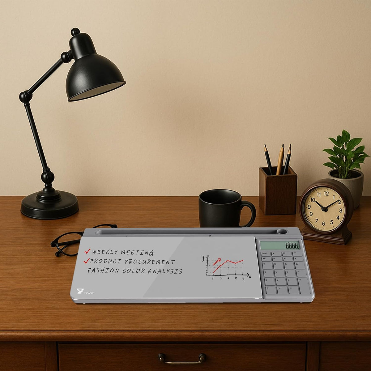 TOWON Glass Desk Whiteboard with Calculator 18x6 in, Desk Organizer, Gray