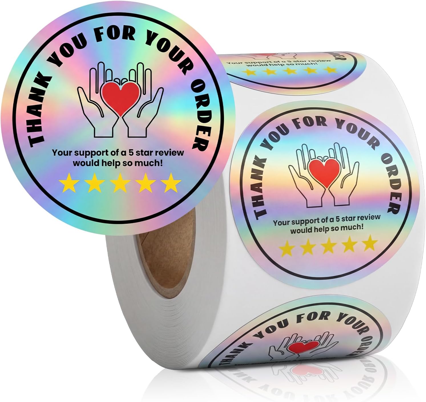 Fulmoon 500 Pcs Thank You for Your Order Stickers Bulk, Round, Holographic | 2 Inch, 5 Star Review Delivery Labels, 5 Star Rating Reminder, Food Delivery Accessories, for Grocery Takeout Driver Packages