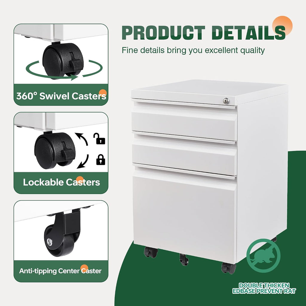 letaya 3 drawer mobile file cabinet with lock, front angle view