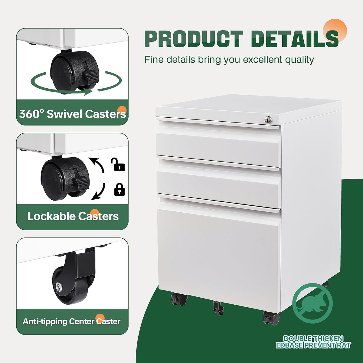 letaya 3 drawer mobile file cabinet with lock, front angle view