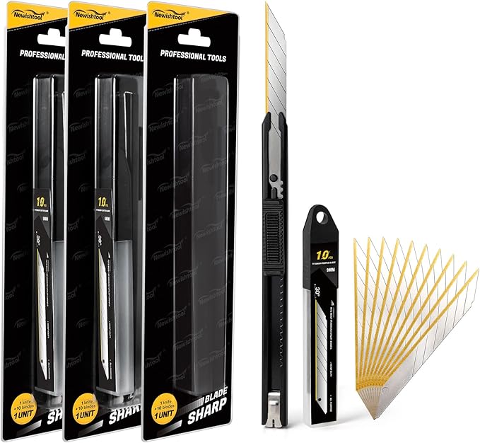 NEWISHTOOL 3 Pack Utility Knife Box Cutter Retractable, Titanium Coating Edge by NEWISHTOOL