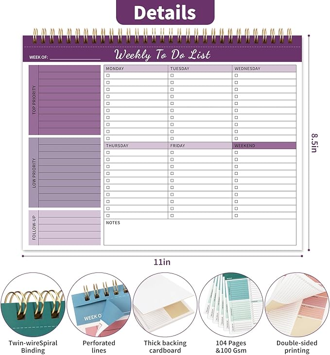 ALKALO Weekly To Do List Notepad, 52 Undated Sheets （8.5"×11") Duplex-Printed - Image 3