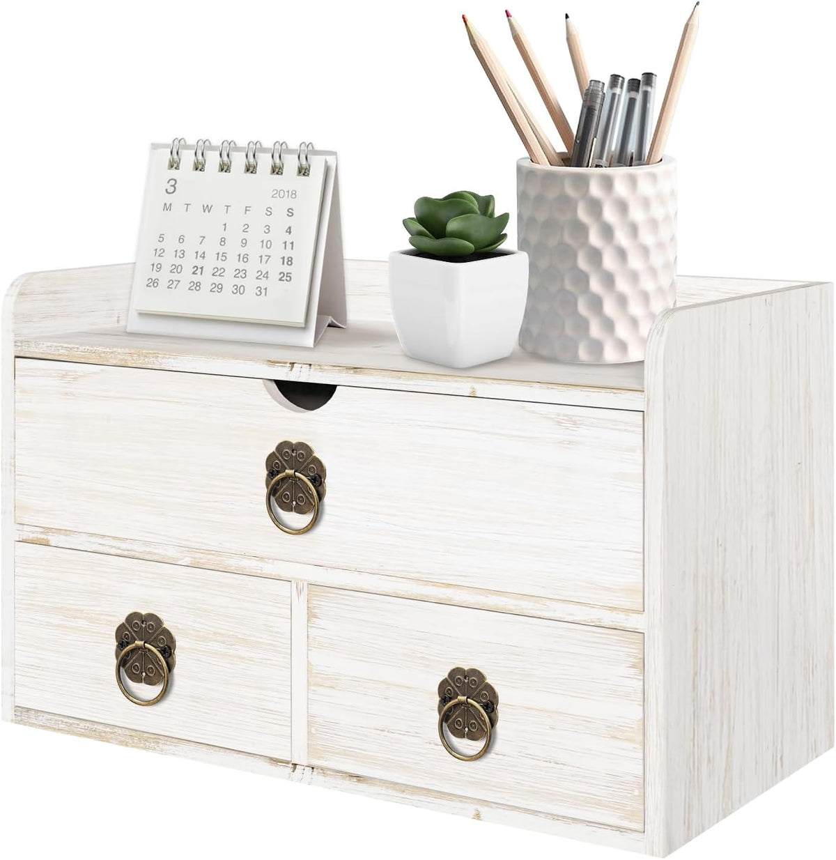 wood desk organizer with drawer, white wooden desktop shown in use