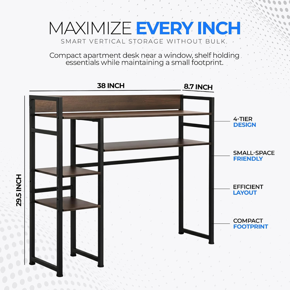Desk Shelf Storage, 38 Inch, 4-Tier Wood Bookshelf Organizer, Computer Desk H...