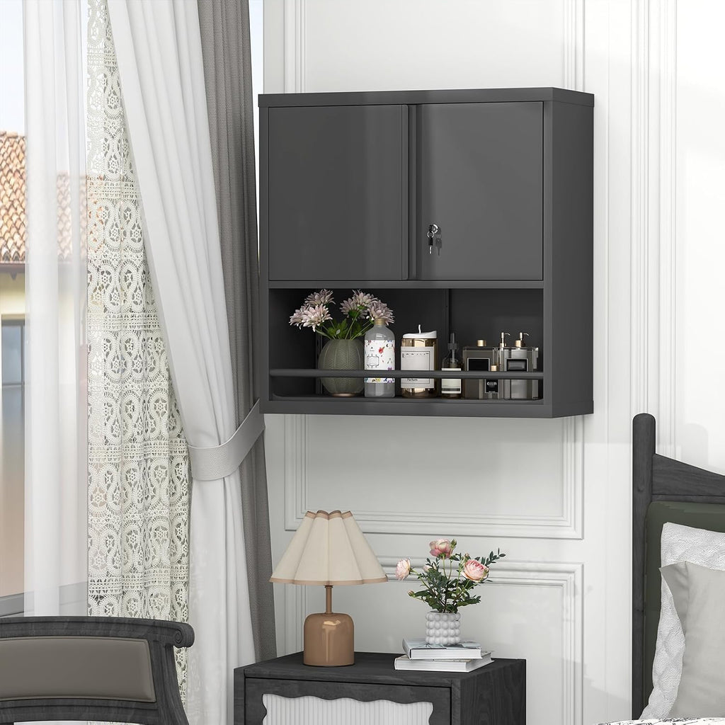 greatmeet locking metal garage wall cabinet with doors on a desk or shelf