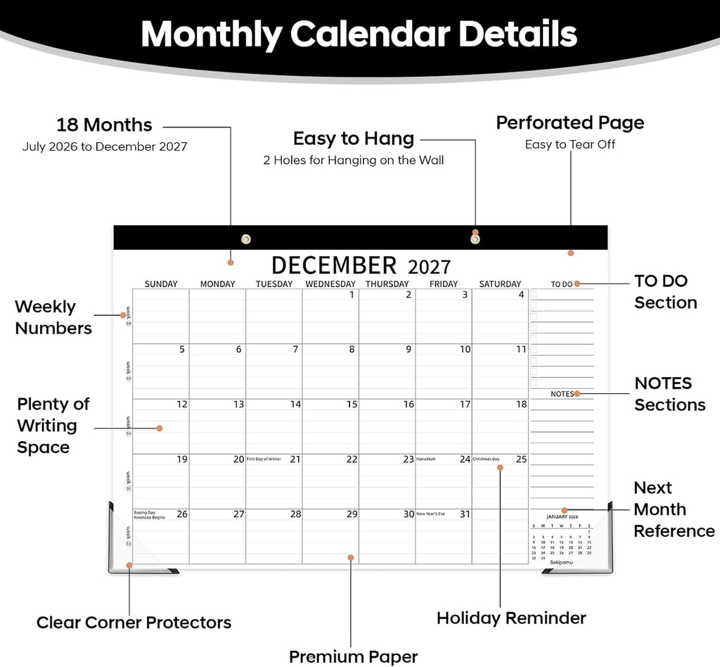 Desk Calendar 2026-2027, 17" x 12" Large Desk Calendar July 2026 to December 2027, 18 Months Calendar for Home Office